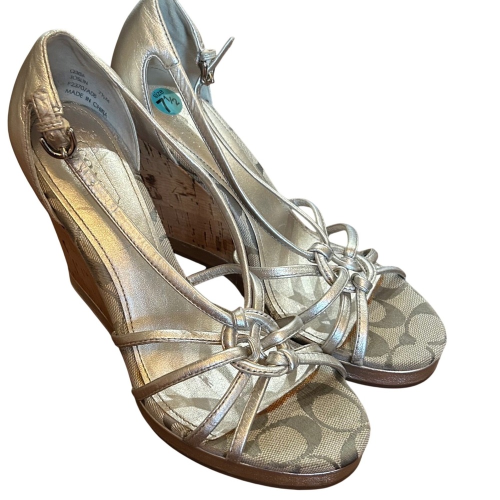 Coach Joslin Wedge Sandals Women Silver Signature C Strappy Cork Heel 7.5M F2370